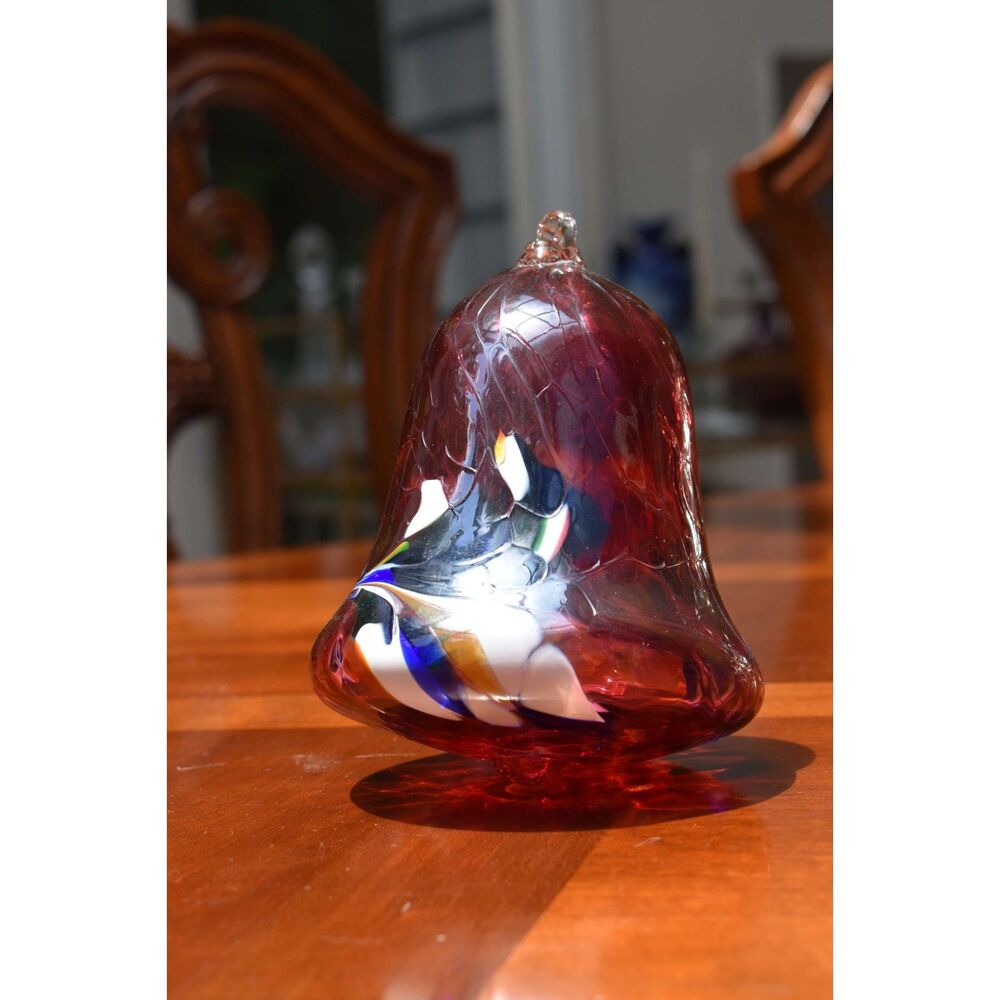 Hand Blown Polish Art Glass Ornament Cranberry Optic Rib Pulled Feather Krosno